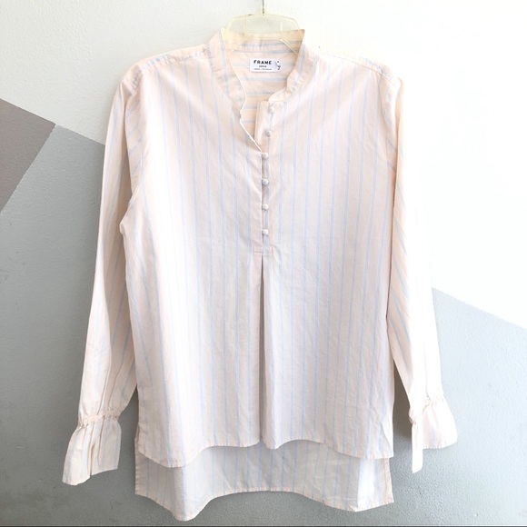 Frame Ruffle Cuff Cotton Shirt In Light Pink blue - Picture 2 of 9